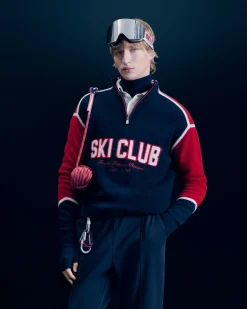 FROM FUTURE Pull Col Camionneur Ski Club Navy Flash Sale