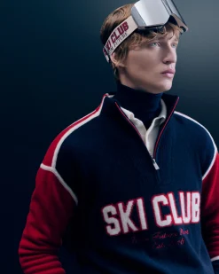 FROM FUTURE Pull Col Camionneur Ski Club Navy Flash Sale