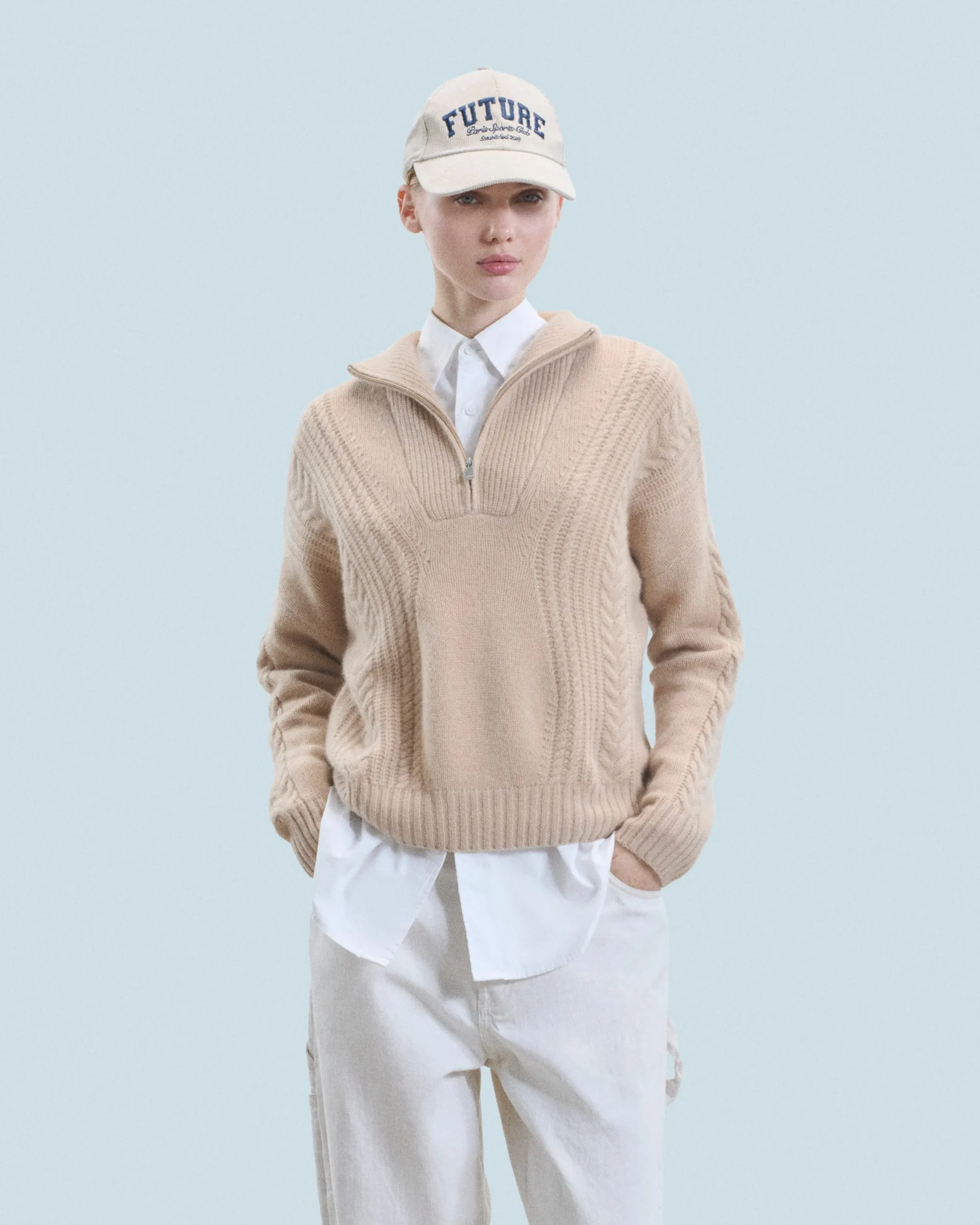 FROM FUTURE Pull Col Camionneur Torsades Beige Discount