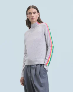 FROM FUTURE Pull Col Montant Bandes Manches Multicolores Léger GrisChinéClair Cheap