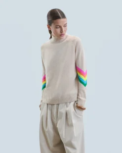 FROM FUTURE Pull Col Montant Bandes Manches Multicolore Léger BeigeChiné Clearance