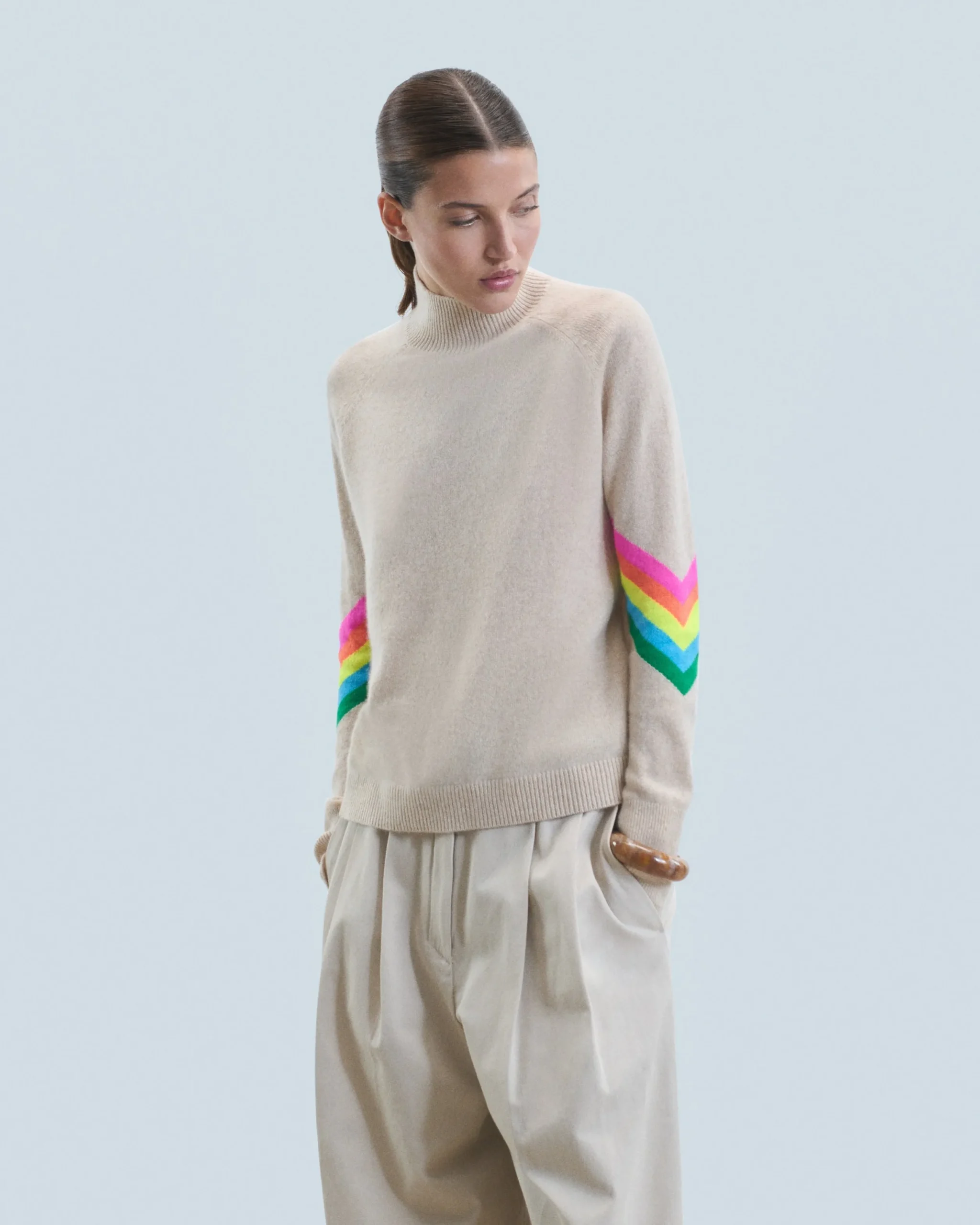 FROM FUTURE Pull Col Montant Bandes Manches Multicolore Léger BeigeChiné Clearance