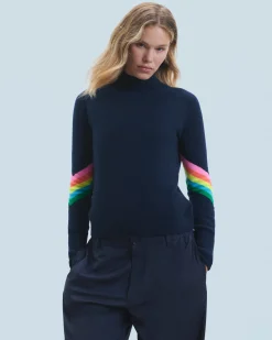 FROM FUTURE Pull Col Montant Bandes Manches Multicolore Léger Navy Sale