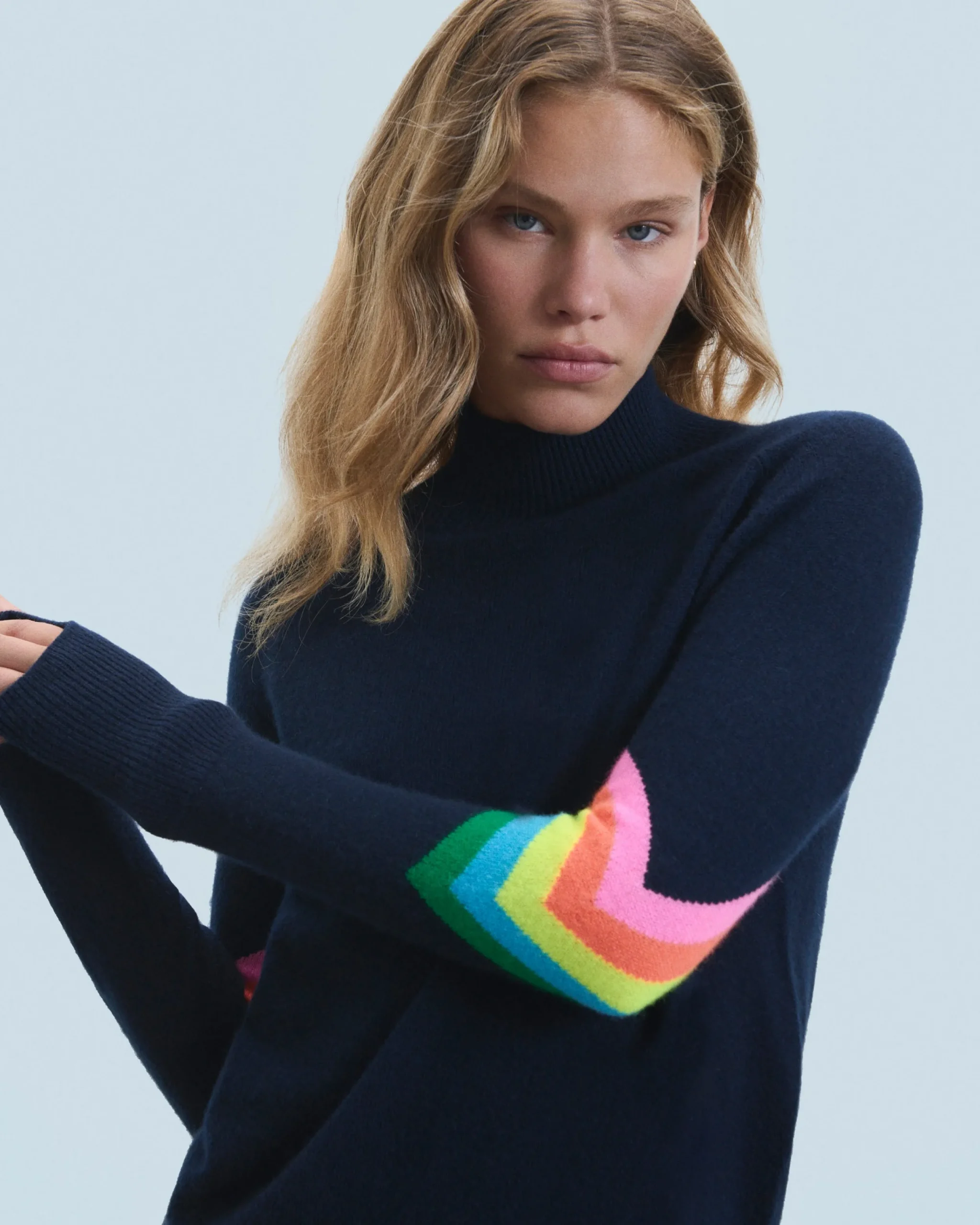 FROM FUTURE Pull Col Montant Bandes Manches Multicolore Léger Navy Sale