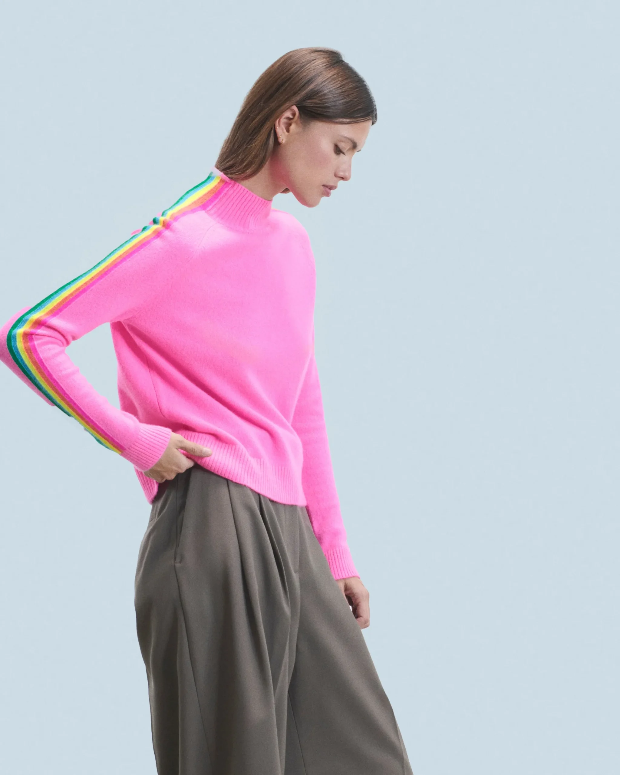 FROM FUTURE Pull Col Montant Bandes Manches Multicolores Léger Noir Hot