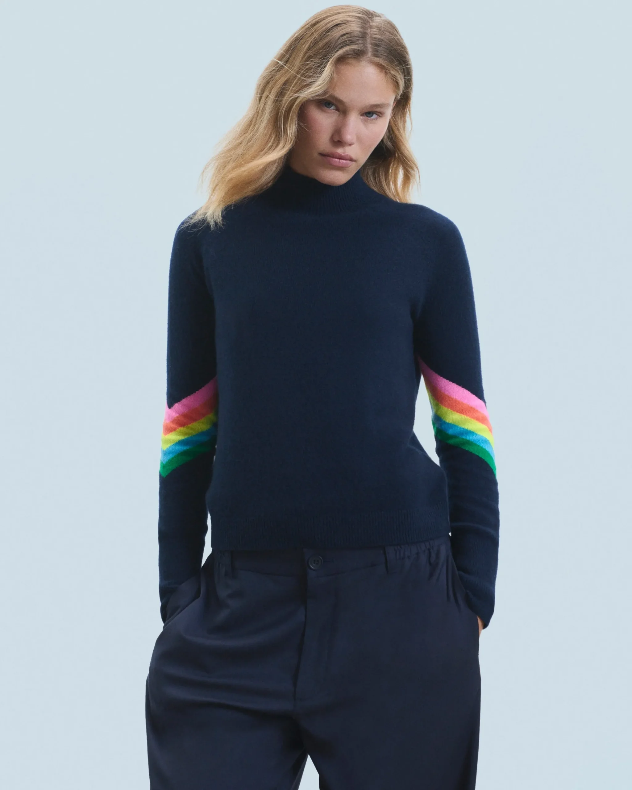 FROM FUTURE Pull Col Montant Bandes Manches Multicolore Léger GrisChinéFoncé Best Sale