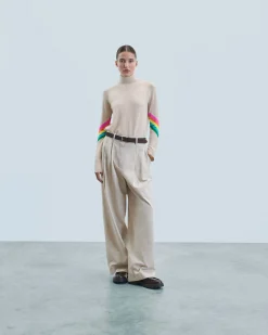 FROM FUTURE Pull Col Montant Bandes Manches Multicolore Léger BeigeChiné Clearance