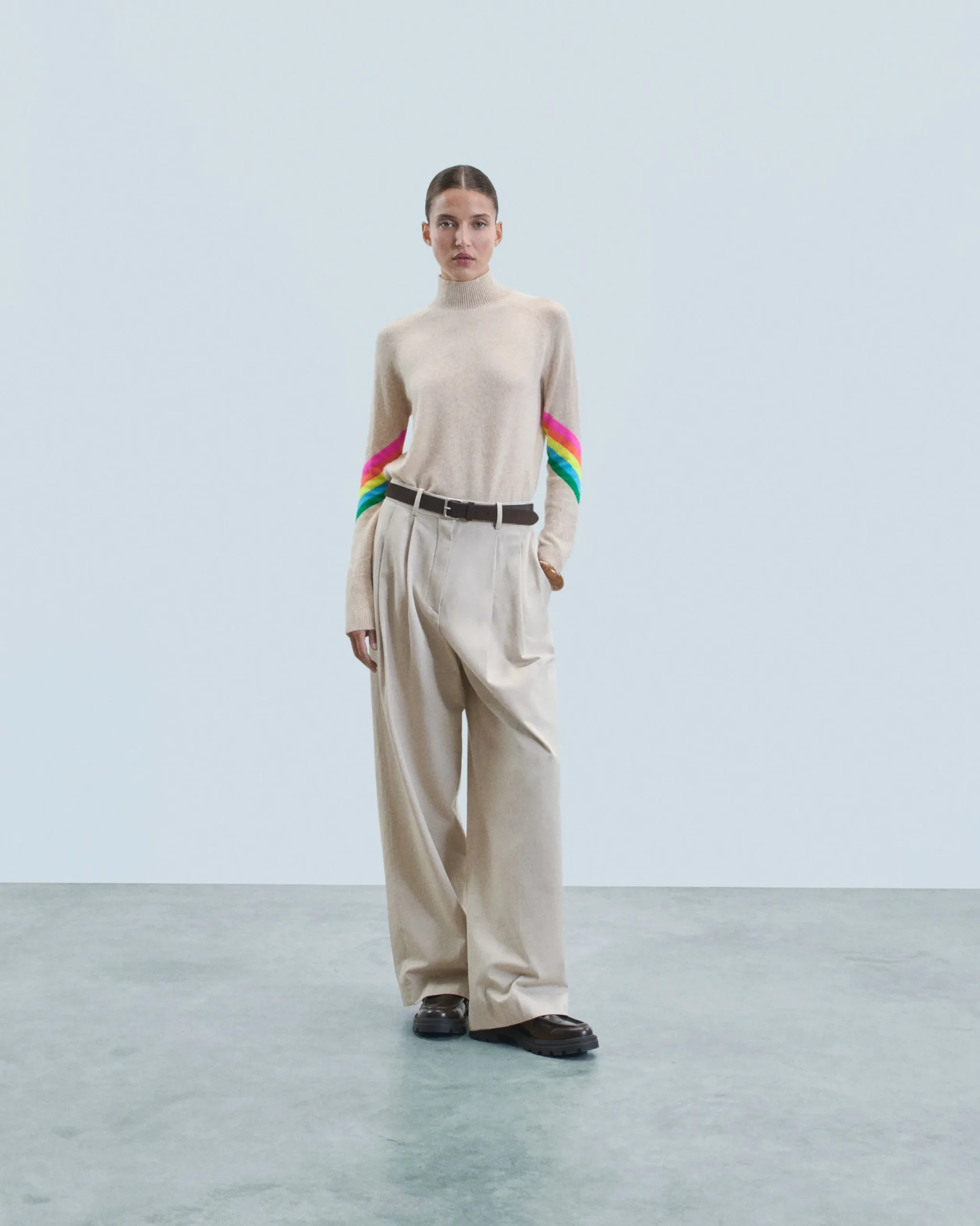 FROM FUTURE Pull Col Montant Bandes Manches Multicolore Léger BeigeChiné Clearance