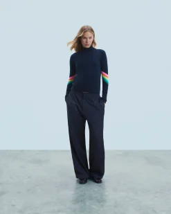 FROM FUTURE Pull Col Montant Bandes Manches Multicolore Léger Navy Sale