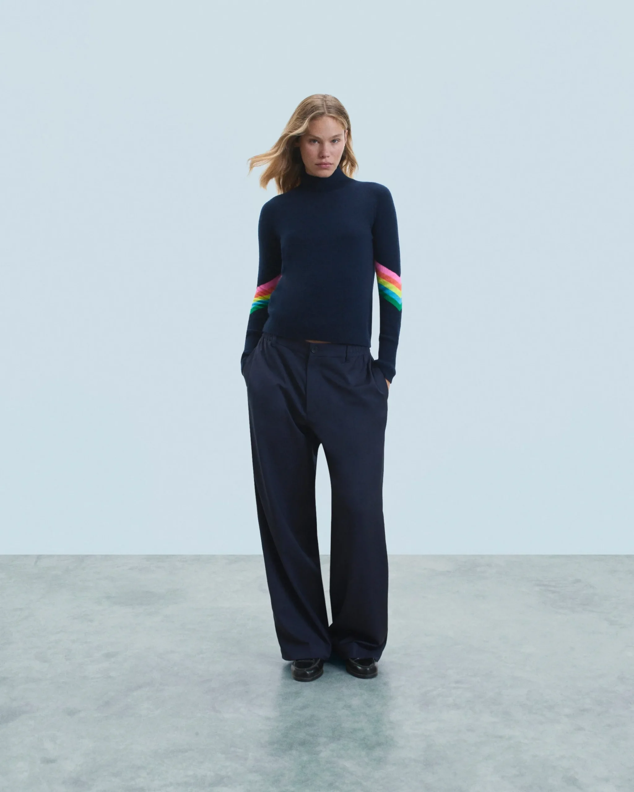 FROM FUTURE Pull Col Montant Bandes Manches Multicolore Léger Navy Sale