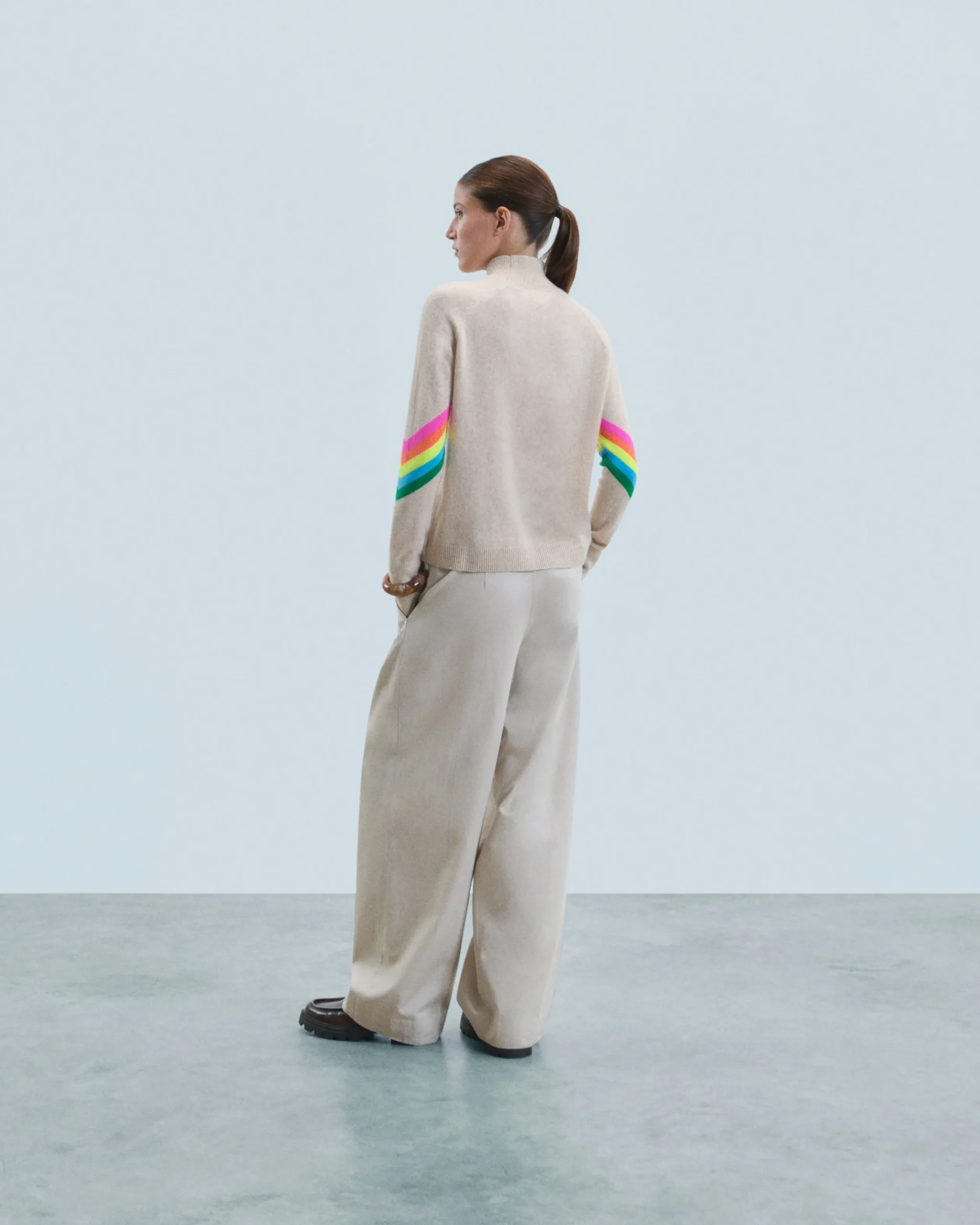 FROM FUTURE Pull Col Montant Bandes Manches Multicolore Léger BeigeChiné Clearance