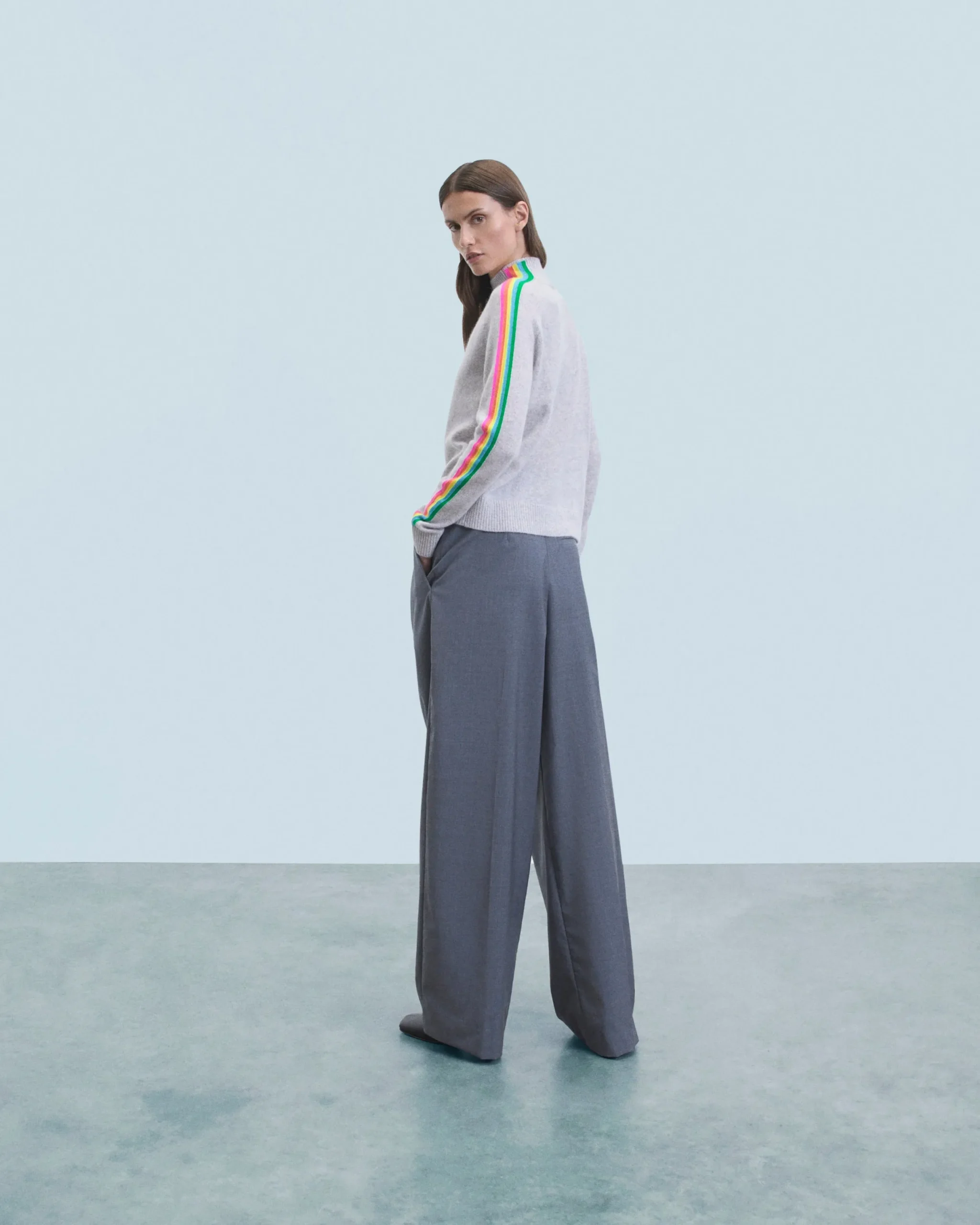 FROM FUTURE Pull Col Montant Bandes Manches Multicolores Léger GrisChinéClair Cheap