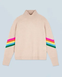 FROM FUTURE Pull Col Montant Bandes Manches Multicolore Léger BeigeChiné Clearance