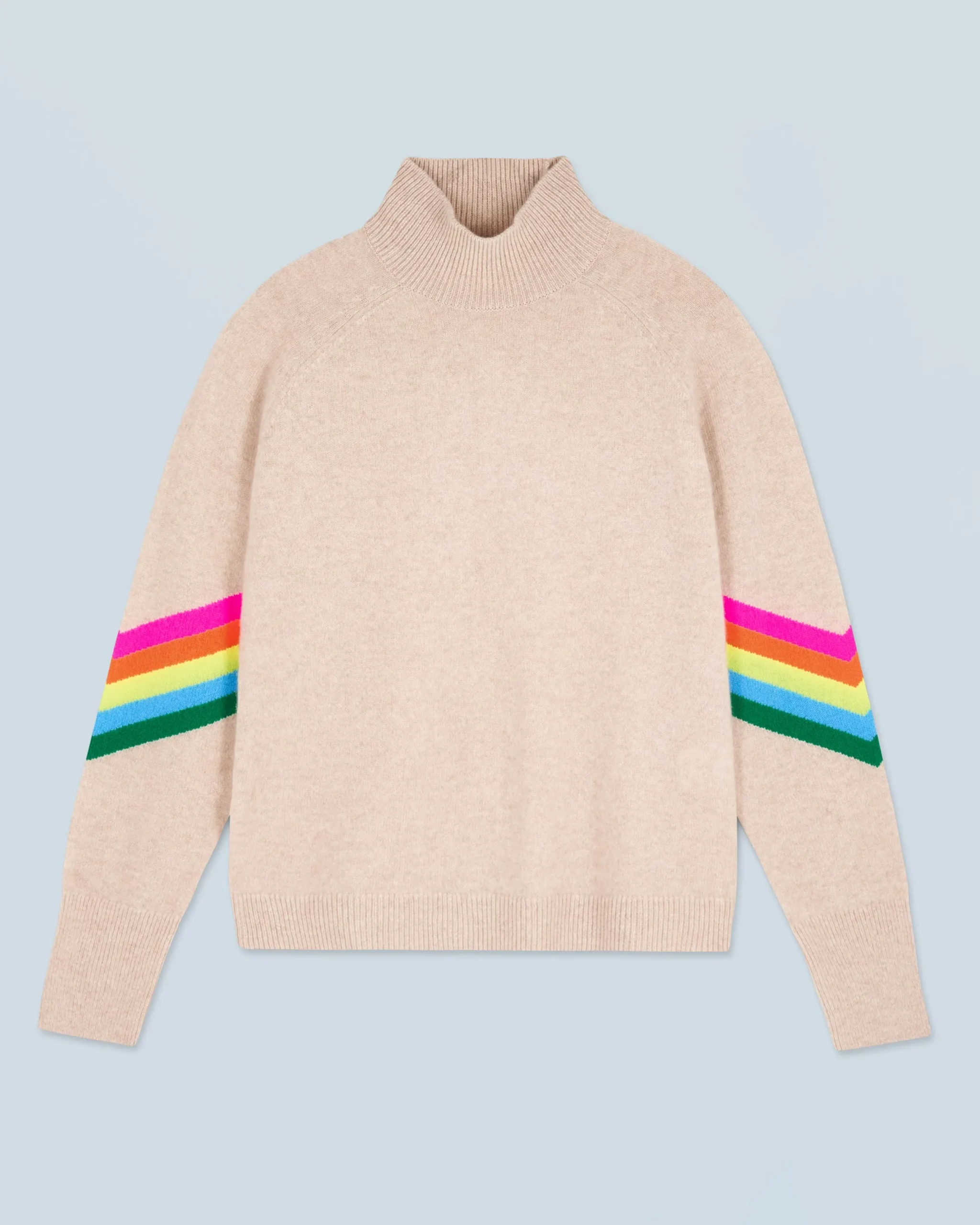 FROM FUTURE Pull Col Montant Bandes Manches Multicolore Léger BeigeChiné Clearance