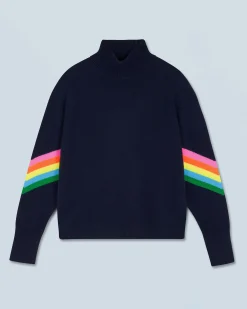 FROM FUTURE Pull Col Montant Bandes Manches Multicolore Léger Navy Sale