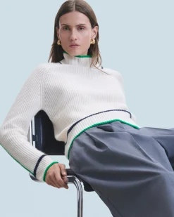 FROM FUTURE Pull Col Montant Tricolore Maille Perlée Ecru Shop