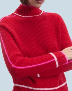 FROM FUTURE Pull Col Montant Tricolore Maille Perlée BrightRed Discount