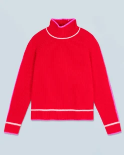 FROM FUTURE Pull Col Montant Tricolore Maille Perlée BrightRed Discount