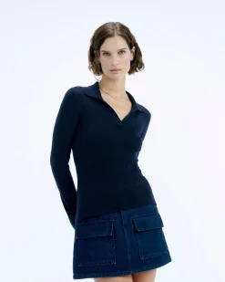 FROM FUTURE Pull Col Polo à Côtes Bijou Navy Shop