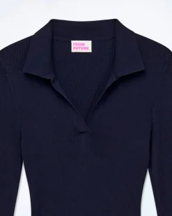 FROM FUTURE Pull Col Polo à Côtes Bijou Navy Shop