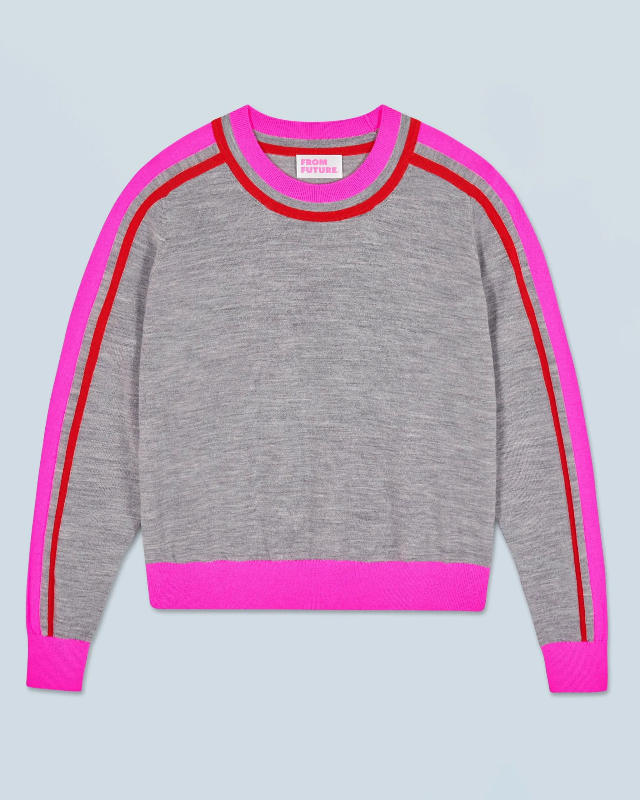 FROM FUTURE Pull Col Rond Bandes Bicolore GrisChinéFoncé Hot
