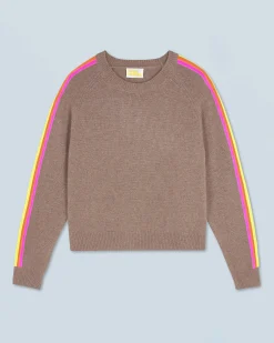 FROM FUTURE Pull Col Rond Bandes Manches Multicolore Taupe New