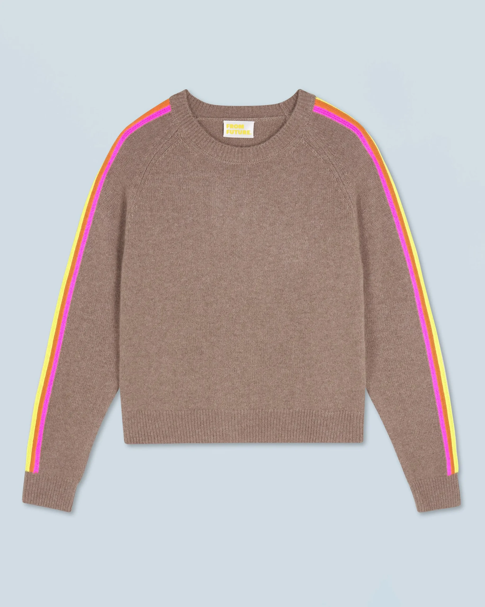 FROM FUTURE Pull Col Rond Bandes Manches Multicolore Taupe New