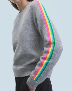 FROM FUTURE Pull Col Rond Bandes Manches Multicolore GrisChinéFoncé Hot