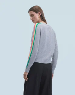 FROM FUTURE Pull Col Rond Bandes Manches Multicolore GrisChinéFoncé Hot