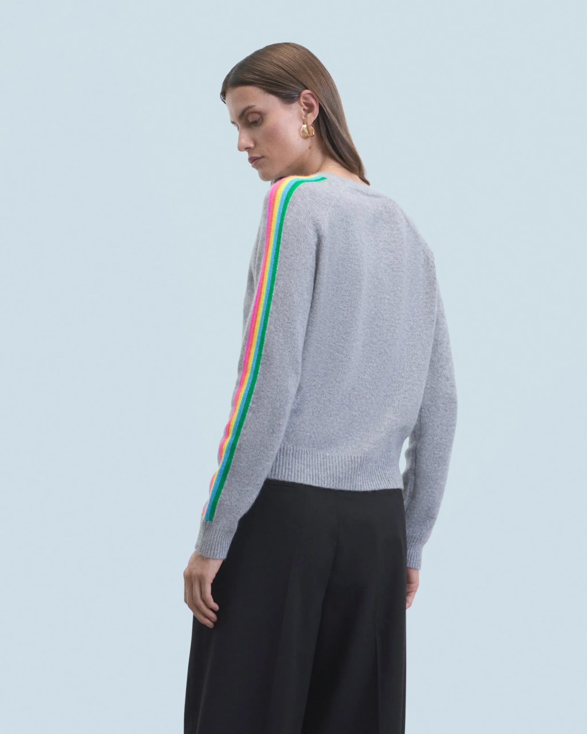 FROM FUTURE Pull Col Rond Bandes Manches Multicolore GrisChinéFoncé Hot