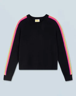 FROM FUTURE Pull Col Rond Bandes Manches Multicolore Noir Cheap