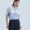 FROM FUTURE Pull Col Rond en Cachemire Brossé à Motif Losange BabyBlue Outlet