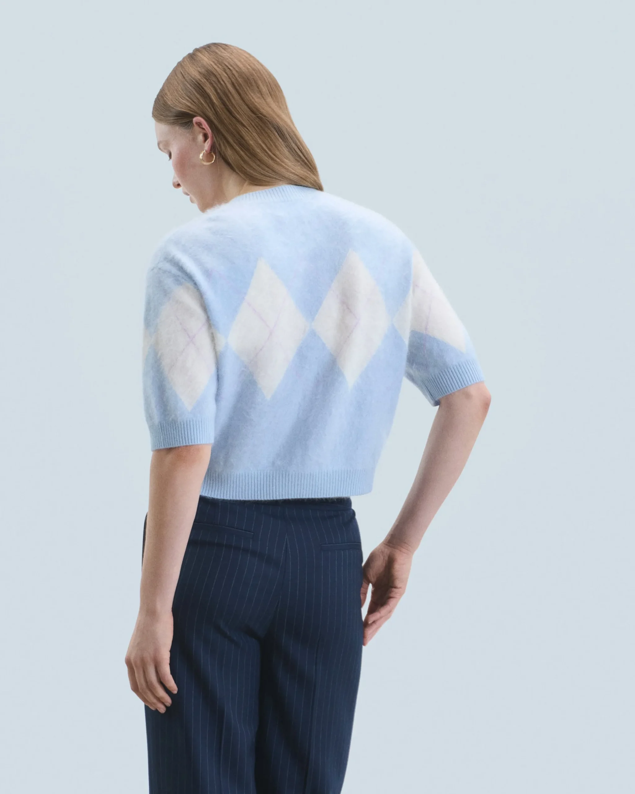 FROM FUTURE Pull Col Rond en Cachemire Brossé à Motif Losange BabyBlue Outlet