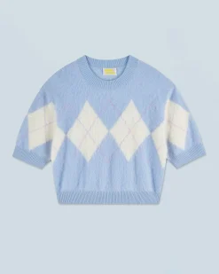 FROM FUTURE Pull Col Rond en Cachemire Brossé à Motif Losange BabyBlue Outlet