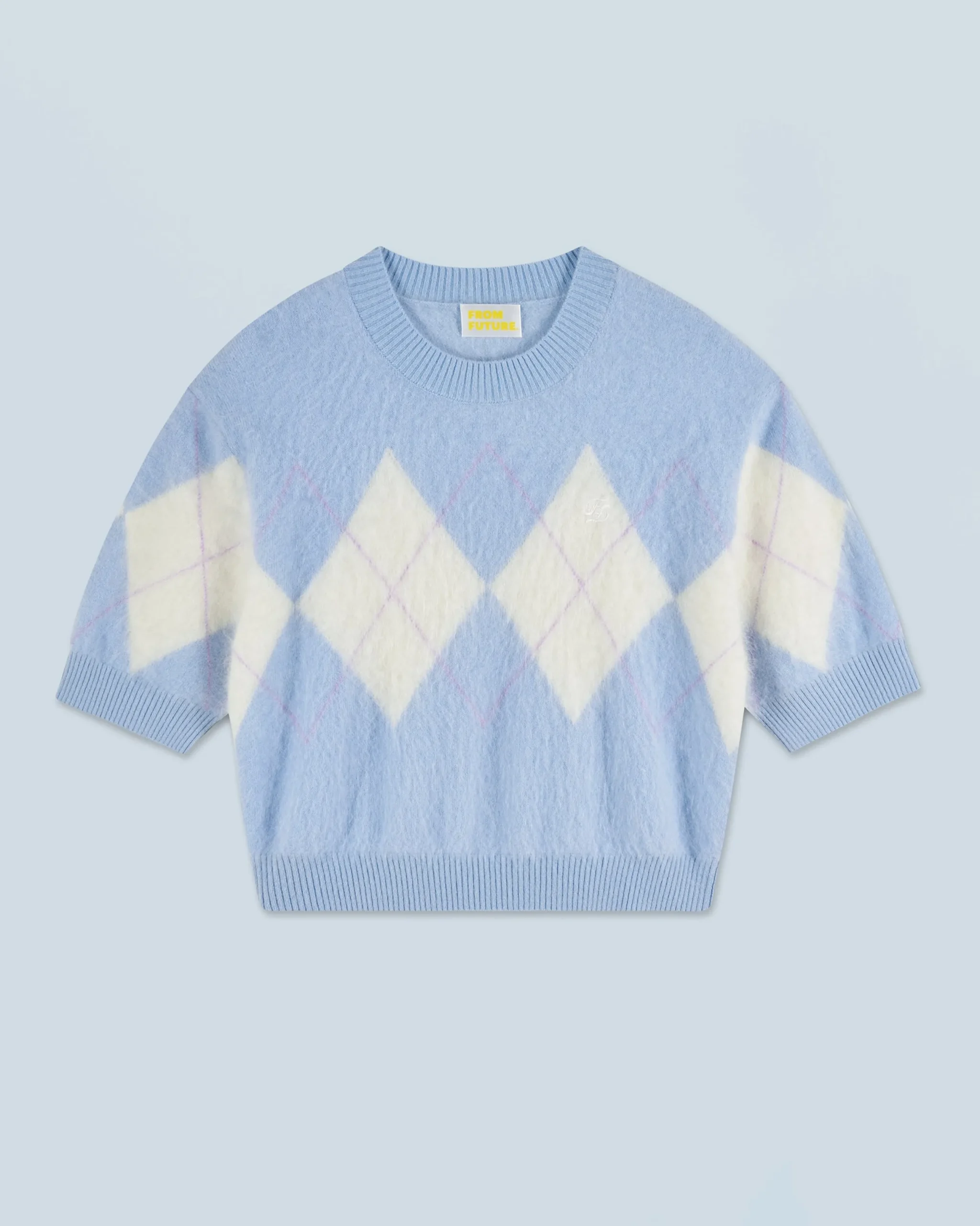 FROM FUTURE Pull Col Rond en Cachemire Brossé à Motif Losange BabyBlue Outlet