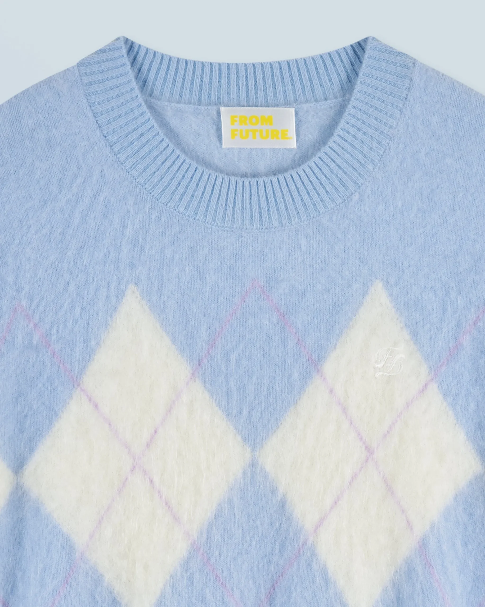 FROM FUTURE Pull Col Rond en Cachemire Brossé à Motif Losange BabyBlue Outlet