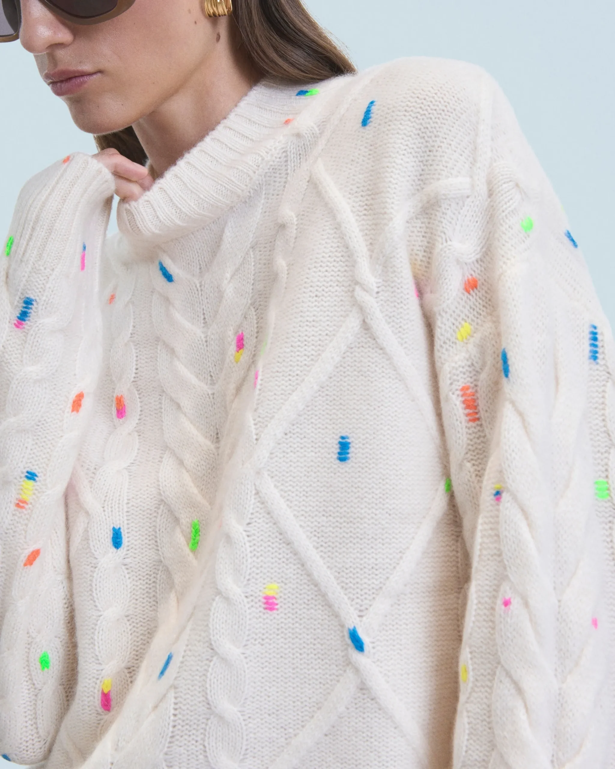 FROM FUTURE Pull Col Rond Torsades Multicolore Ecru Best