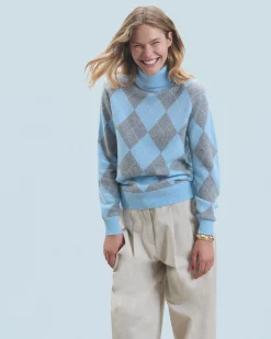 FROM FUTURE Pull Col Roulé à Motif Losange BabyBlue Online