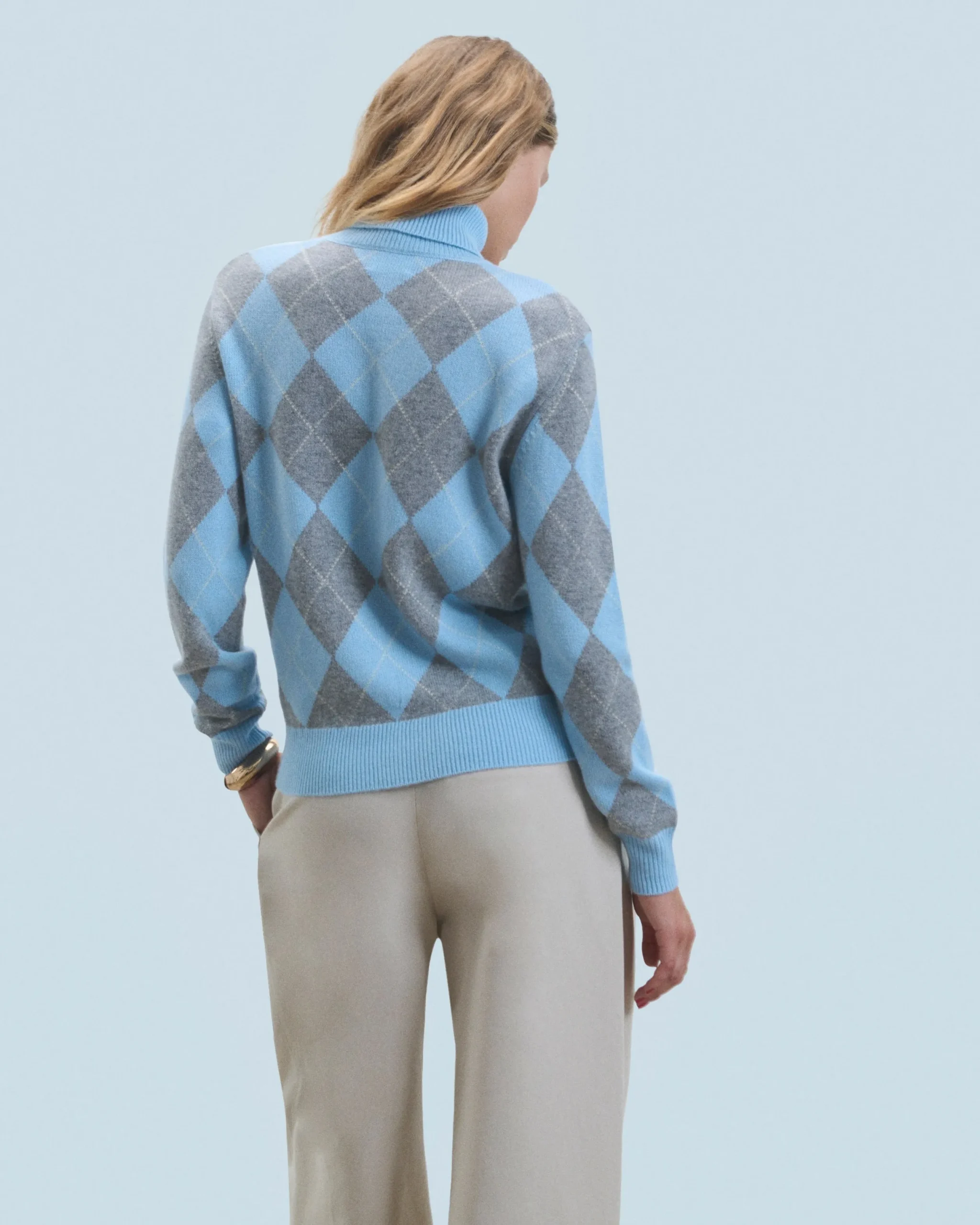 FROM FUTURE Pull Col Roulé à Motif Losange BabyBlue Online