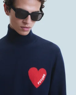 FROM FUTURE Pull Col Roulé Coeur Navy Shop