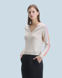 FROM FUTURE Pull Col V Bandes Manches Multicolore Sable Store