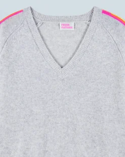 FROM FUTURE Pull Col V Bandes Manches Multicolore GrisChinéClair Sale