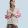 FROM FUTURE Pull Col V Oversize Bandes Bicolore Léger BeigeChiné New
