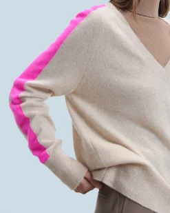 FROM FUTURE Pull Col V Oversize Bandes Bicolore Léger BeigeChiné New
