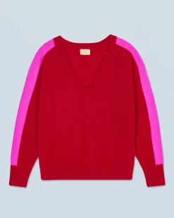 FROM FUTURE Pull Col V Oversize Bandes Bicolore Léger DarkRed Online