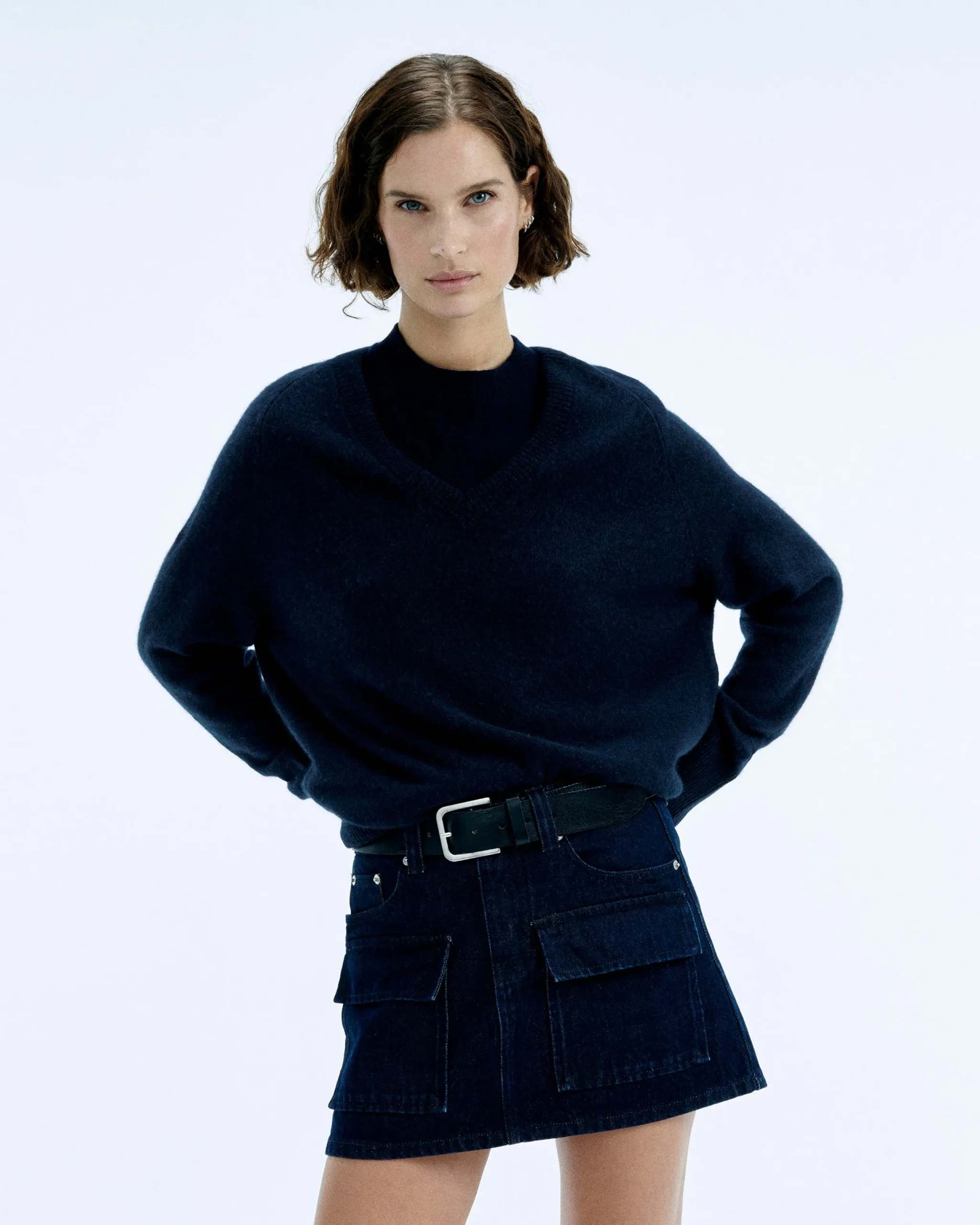 FROM FUTURE Pull Col V Oversize Light NavyChiné Cheap