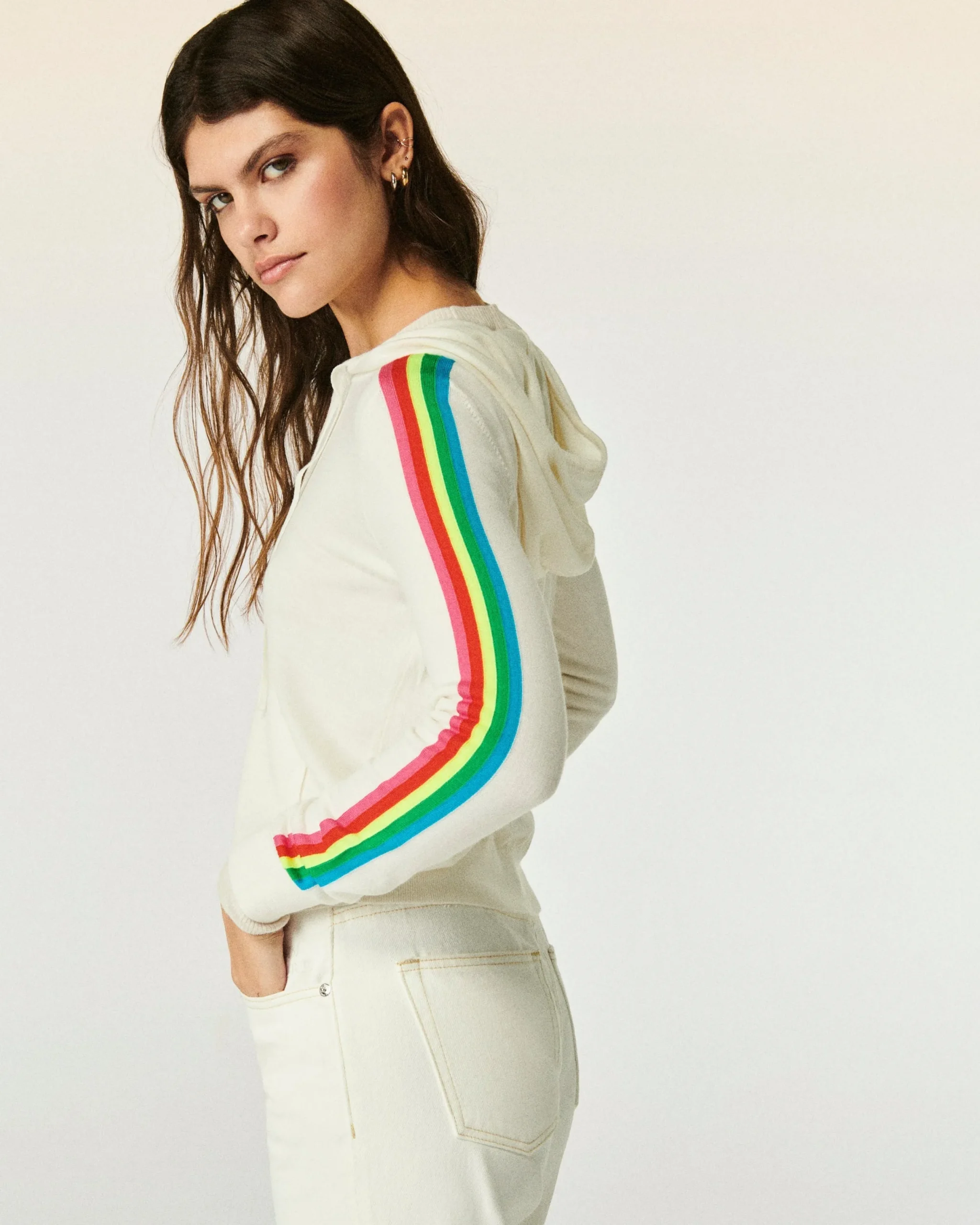 FROM FUTURE Pull Hoodie Zippé Bande Multicolore Ecru Fashion