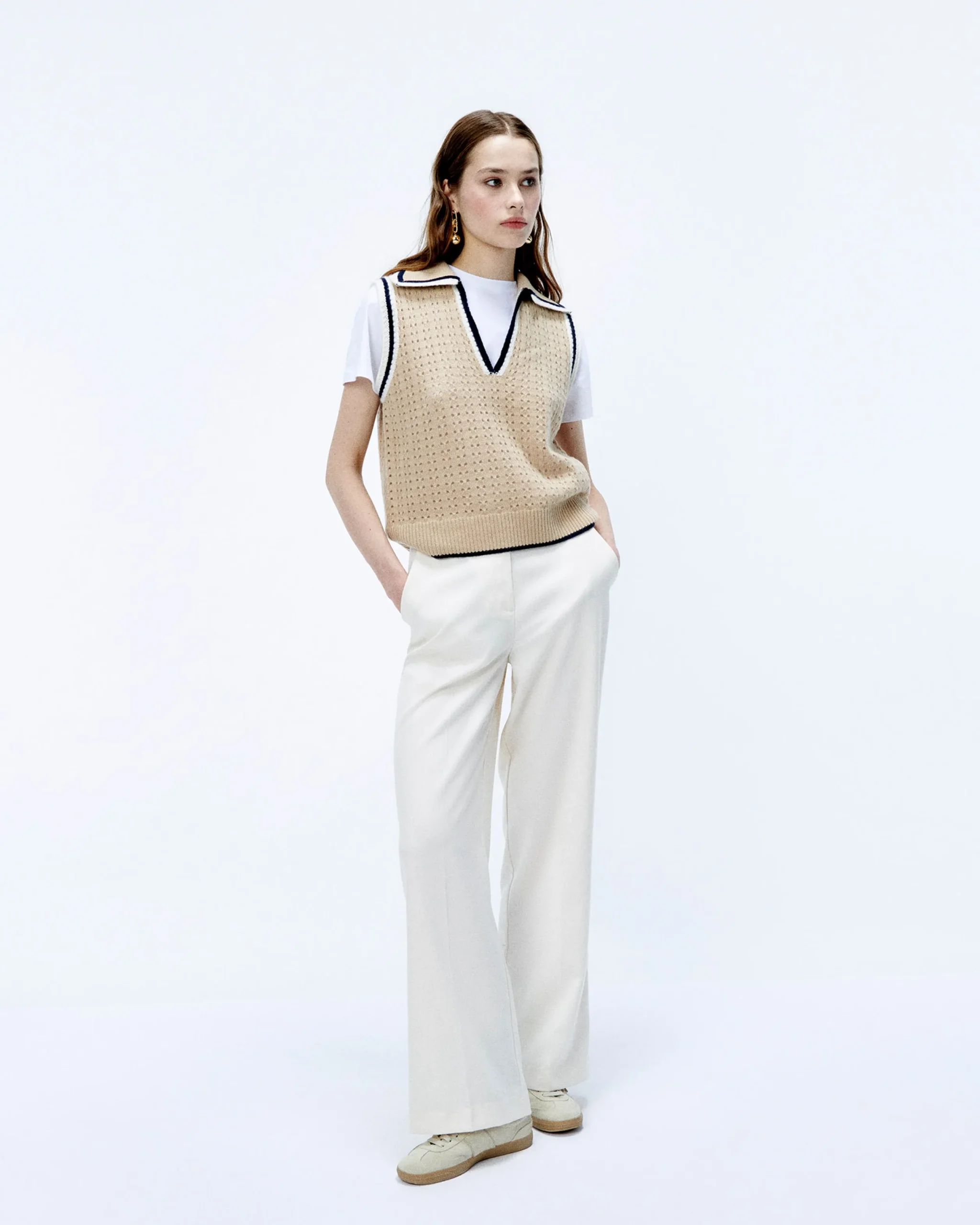 FROM FUTURE Pull Sans Manche Tricot Ajouré Beige Clearance