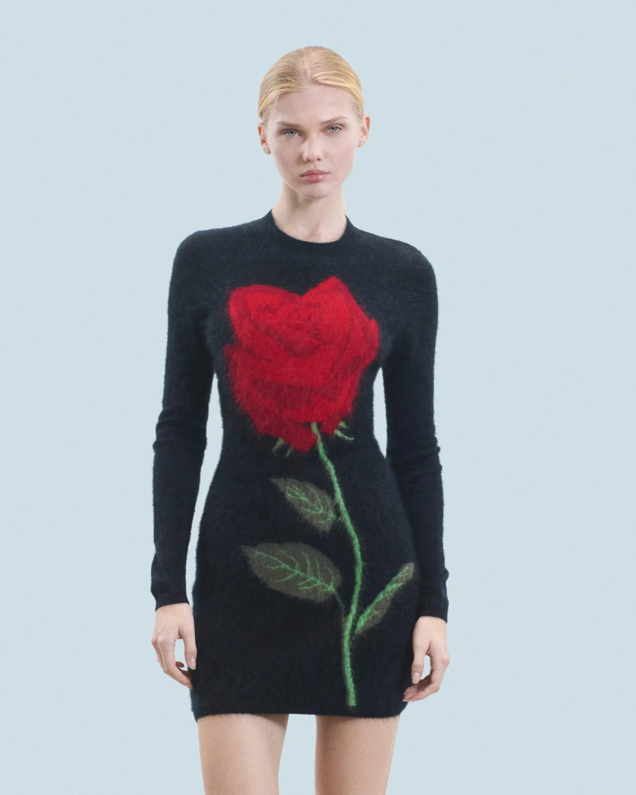 FROM FUTURE Robe Courte Manche Longue en Cachemire Brossé Noir Hot