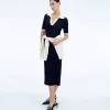 FROM FUTURE Robe Longue Manche Courte Navy Flash Sale